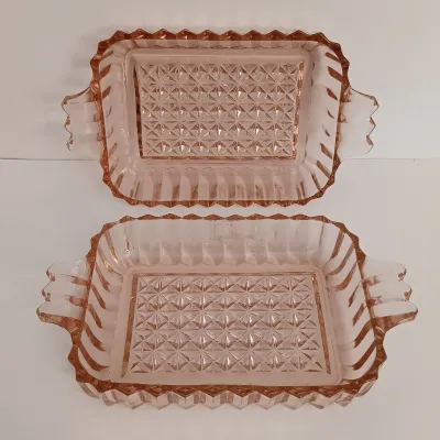 LOT 215: Collection of Pink Depression Glass - Hobnail Glasses and Scalloped Dishes