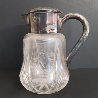 LOT 231: Vintage Crystal Pitcher with Metal Bird Claw Ice Tongs & Glass Ladles