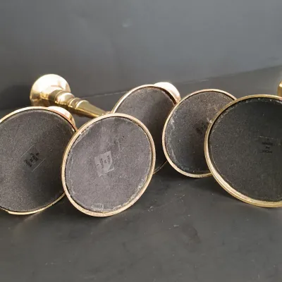 LOT 238: Etched Brass Pot with Brass Bombay Card Holder, EPNS Ware Brass Mini Goblets with Tray & Brass Candlestick Holders