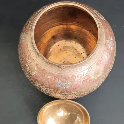 LOT 238: Etched Brass Pot with Brass Bombay Card Holder, EPNS Ware Brass Mini Goblets with Tray & Brass Candlestick Holders