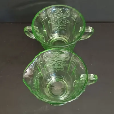 LOT 198: Uranium Glass Cameo Ballerina Pattern Divided Plates, Creamer & Open Sugar Bowl