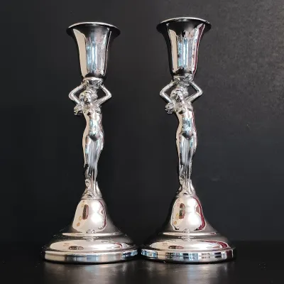 LOT 234: Krome Kraft Art Deco Nude Figural Candlestick Holders with Moonstone Glass Hobnail Bud Vase