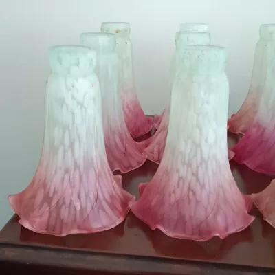 LOT 195: Meyda-Style Lily Pad Lamp with Pink Tulip Shades
