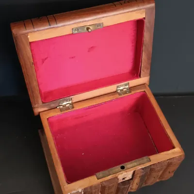 LOT 211: Eclectic Collection of a Belt Buckle, Art Glass, Vintage Paperweight, Wooden Box, Stamps & More