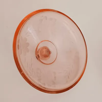LOT 239: Pink Depression Glass Cake Plate, Bowl, Dish Lid & More