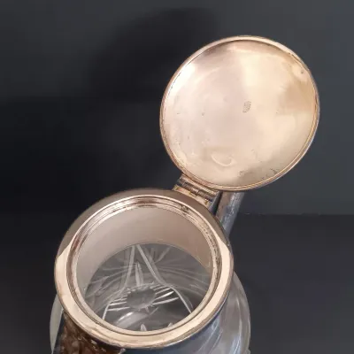 LOT 231: Vintage Crystal Pitcher with Metal Bird Claw Ice Tongs & Glass Ladles