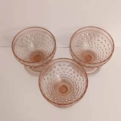 LOT 215: Collection of Pink Depression Glass - Hobnail Glasses and Scalloped Dishes