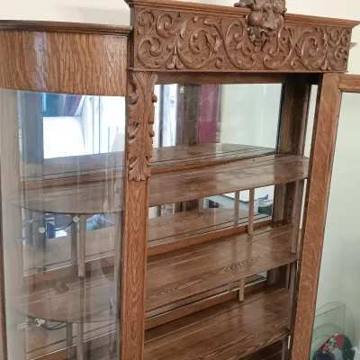LOT 144: Antique Ornate/Carved Oak Curved Curio Cabinet