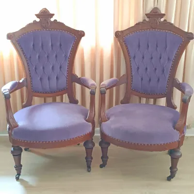 LOT 193: Pair of Victorian-Style Purple Velvet Upholstered Chairs
