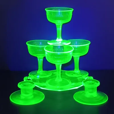 LOT 272: Uranium Glass Sherbert Cups, Candlestick Holders & Etched Dish
