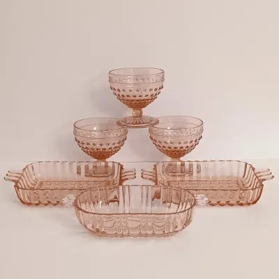LOT 215: Collection of Pink Depression Glass - Hobnail Glasses and Scalloped Dishes