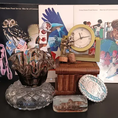 LOT 211: Eclectic Collection of a Belt Buckle, Art Glass, Vintage Paperweight, Wooden Box, Stamps & More
