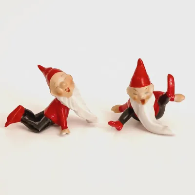 LOT 241: German-Style Elf Figurines, Choir Boy Mini Candlestick Holder, Green Glass Tray & More