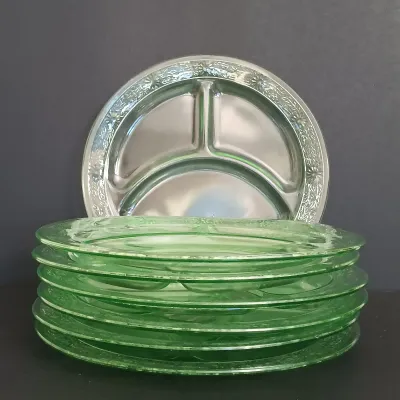 LOT 199: Uranium Glass Daisy Pattern Divided Plates