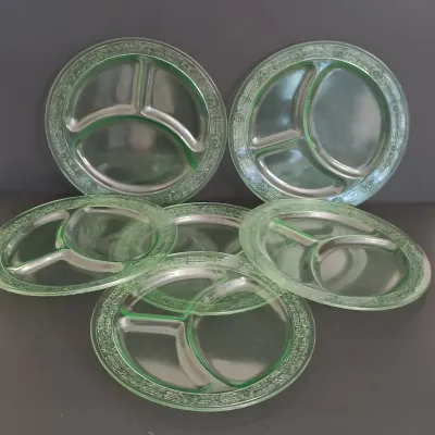 LOT 273: Uranium Glass Daisy Print Divided Plates