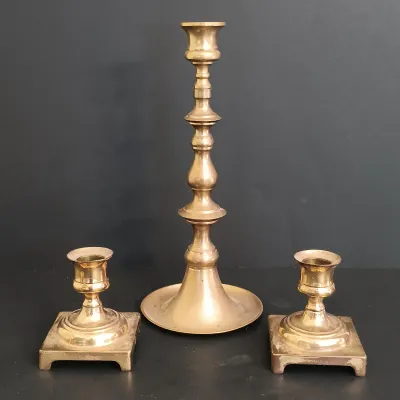 LOT 235: Etched Brass Aftaba Ewer with Brass Candle Holders