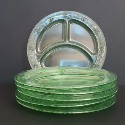 LOT 273: Uranium Glass Daisy Print Divided Plates