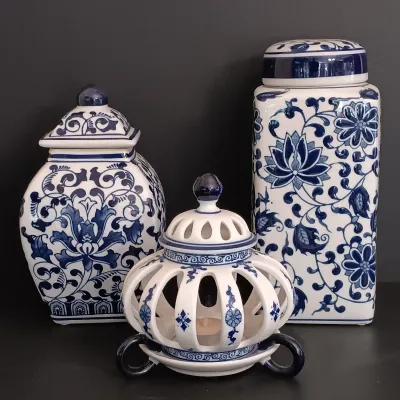 LOT 230: Bombay Blue and White Ceramic Canisters & Tealight