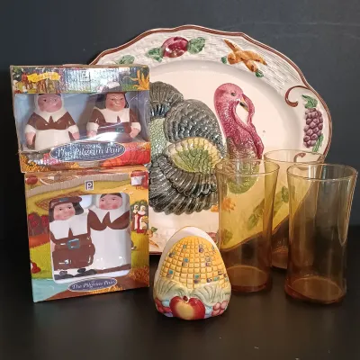 LOT 212: Thanksgiving Must Have Including Ceramic Turkey Platter and Corn Shaped Napkin Holder, Pilgram Salt & Pepper Shakers NOS and...