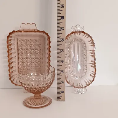 LOT 215: Collection of Pink Depression Glass - Hobnail Glasses and Scalloped Dishes