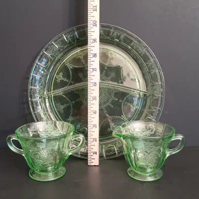 LOT 198: Uranium Glass Cameo Ballerina Pattern Divided Plates, Creamer & Open Sugar Bowl