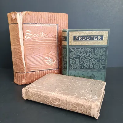 LOT 205: Sir Walter Scott Poetry with Bamboo Pattern Leather Cover, Classic Poems Circa 1908 & The Poems of Adelaide A Procter 1881