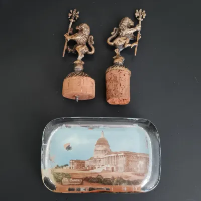 LOT 211: Eclectic Collection of a Belt Buckle, Art Glass, Vintage Paperweight, Wooden Box, Stamps & More