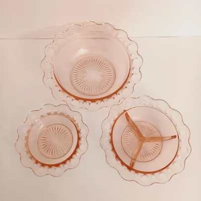 LOT 240: Pink Depression Glass Open Lace Border Glassware
