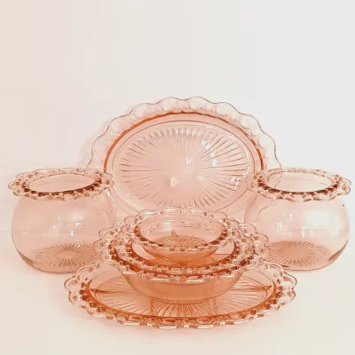 LOT 240: Pink Depression Glass Open Lace Border Glassware