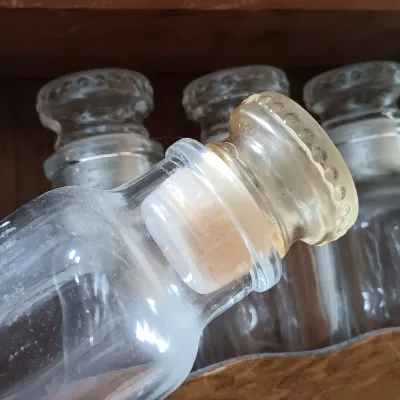LOT 220: Vintage Wood Spice Rack with Japan Made Glass Spice Jars