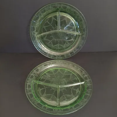 LOT 198: Uranium Glass Cameo Ballerina Pattern Divided Plates, Creamer & Open Sugar Bowl