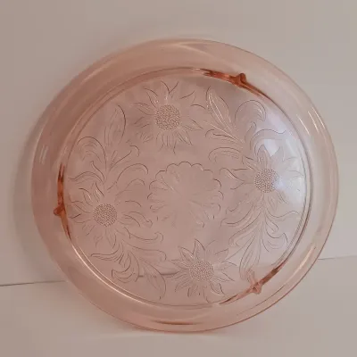 LOT 239: Pink Depression Glass Cake Plate, Bowl, Dish Lid & More