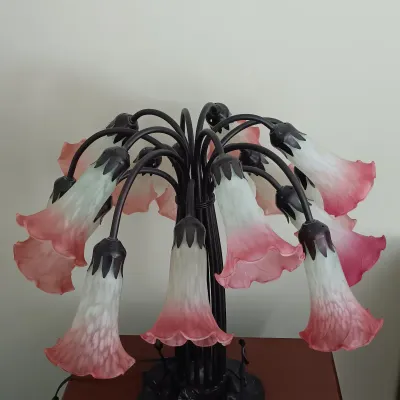 LOT 195: Meyda-Style Lily Pad Lamp with Pink Tulip Shades
