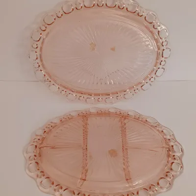 LOT 240: Pink Depression Glass Open Lace Border Glassware