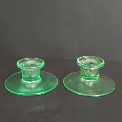 LOT 272: Uranium Glass Sherbert Cups, Candlestick Holders & Etched Dish