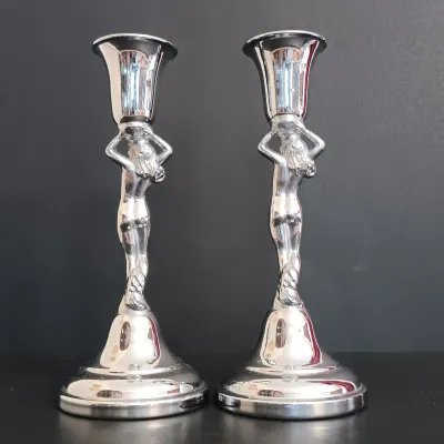 LOT 234: Krome Kraft Art Deco Nude Figural Candlestick Holders with Moonstone Glass Hobnail Bud Vase