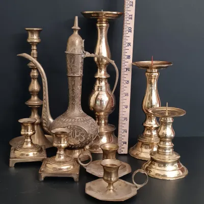 LOT 235: Etched Brass Aftaba Ewer with Brass Candle Holders
