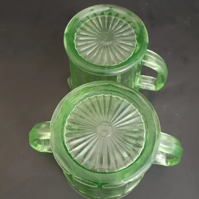 LOT 271: Uranium Glass Measuring Cup, Water Glass and Divided Dish with Block Style Creamer, Open Sugar Bowl and Plate