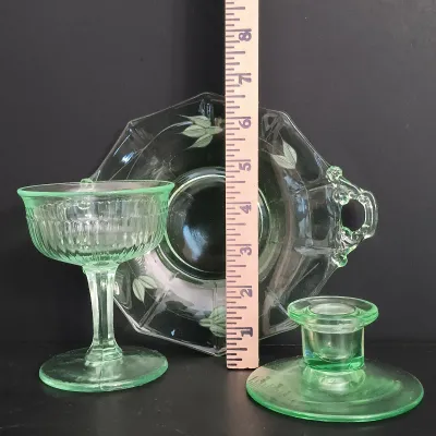 LOT 272: Uranium Glass Sherbert Cups, Candlestick Holders & Etched Dish