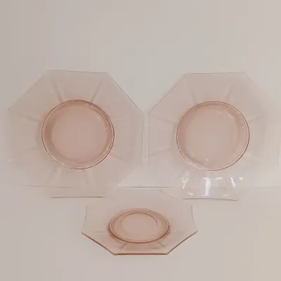 LOT 214: Pink Depression Glass Plates, Cups, Bowls and More