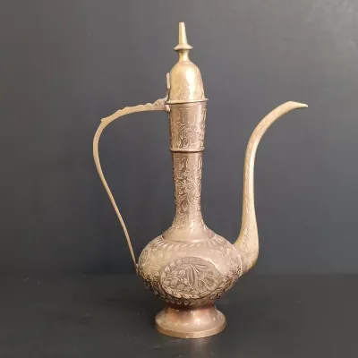 LOT 235: Etched Brass Aftaba Ewer with Brass Candle Holders
