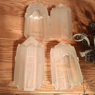LOT 145: Vintage Art Deco Slip Shade Chandelier Frame & Frosted Glass Shades