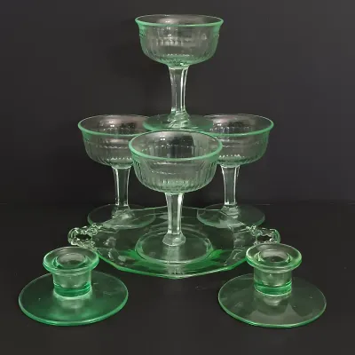 LOT 272: Uranium Glass Sherbert Cups, Candlestick Holders & Etched Dish