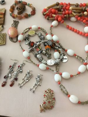 Orange, vintage and costume, fashion, jewelry, bracelets, pinions, earrings, charm, bracelets, broochs, etc. all in very good condition