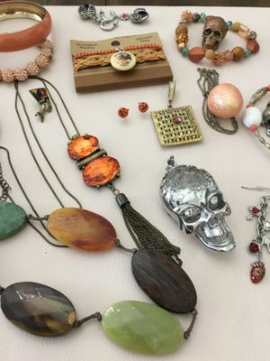 Orange, vintage and costume, fashion, jewelry, bracelets, pinions, earrings, charm, bracelets, broochs, etc. all in very good condition