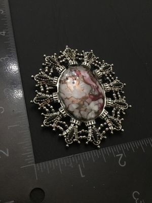 Vintage Silver Tone Filigree Oval Faux Stone Brooch Pendant