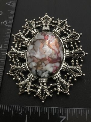 Vintage Silver Tone Filigree Oval Faux Stone Brooch Pendant