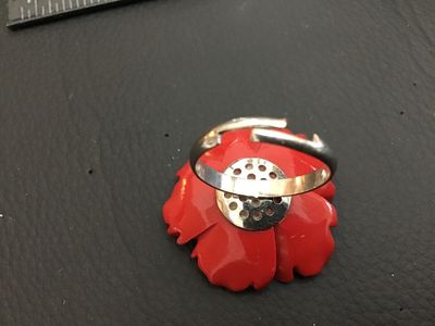 Vintage Carved Red Resin Flower Ring with Faux Pearl Accent