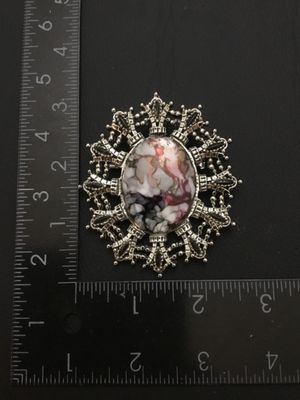Vintage Silver Tone Filigree Oval Faux Stone Brooch Pendant