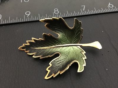 Vintage Gold Tone Green Enamel Leaf Brooch Pin